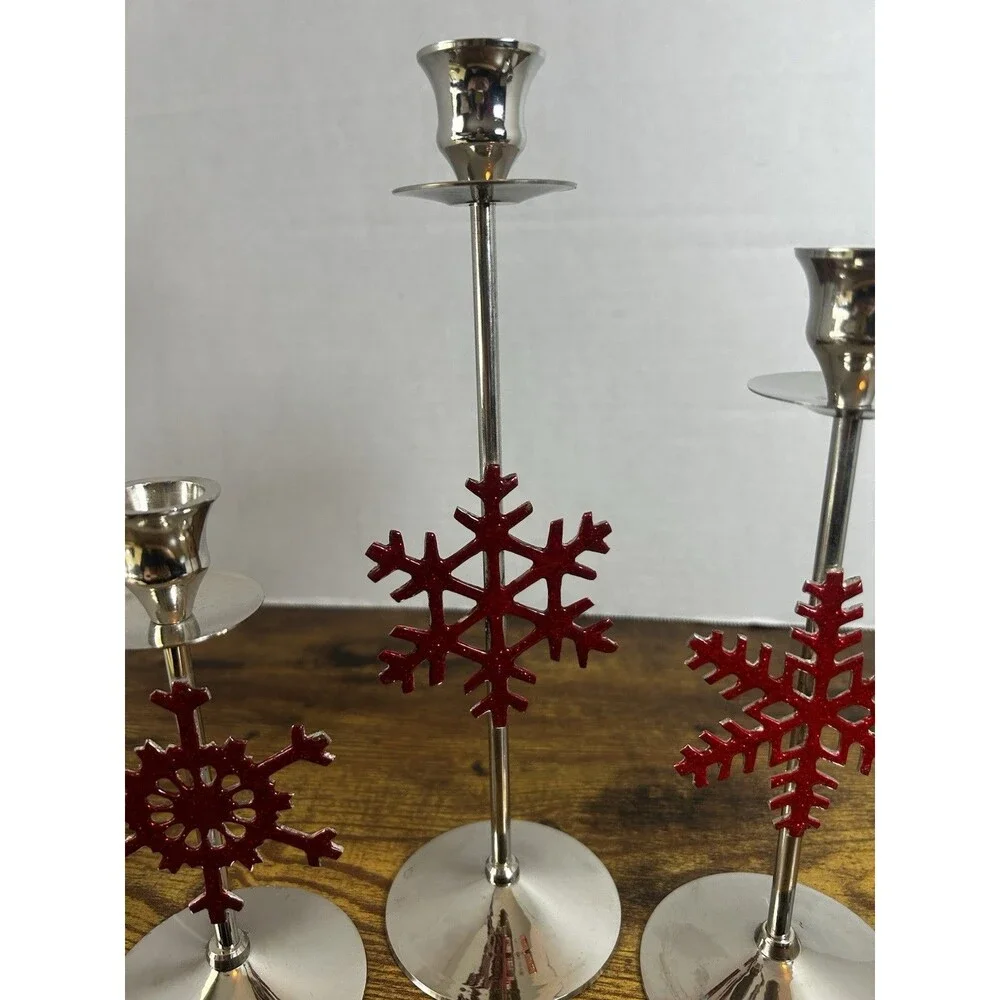 International Silver Red Snowflake Candle Holders Set 3 Christmas Holiday Decor